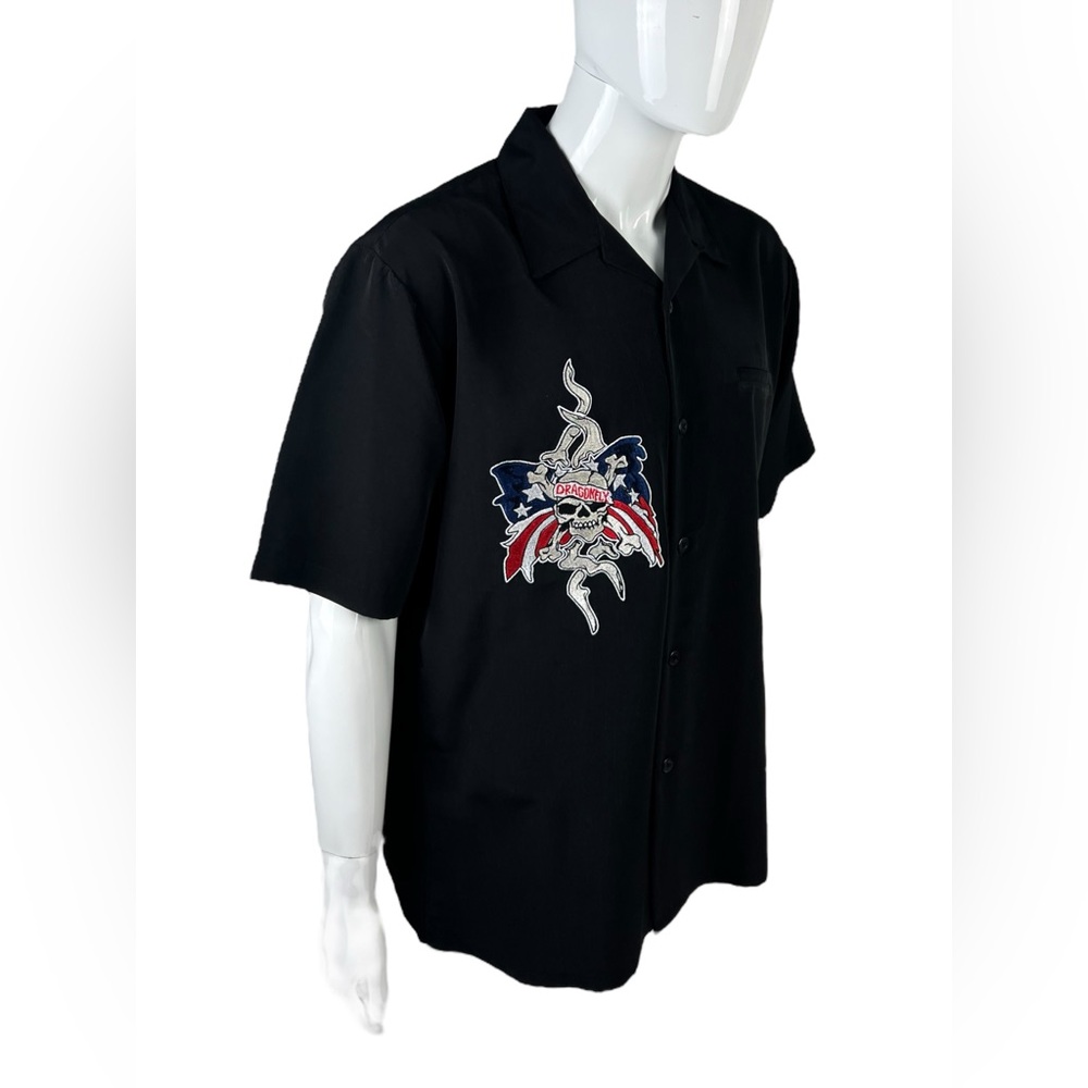 Dragonfly Mens Large Shirt Button Front Black Embroidered Skull Flag Vintage - Picture 7 of 14